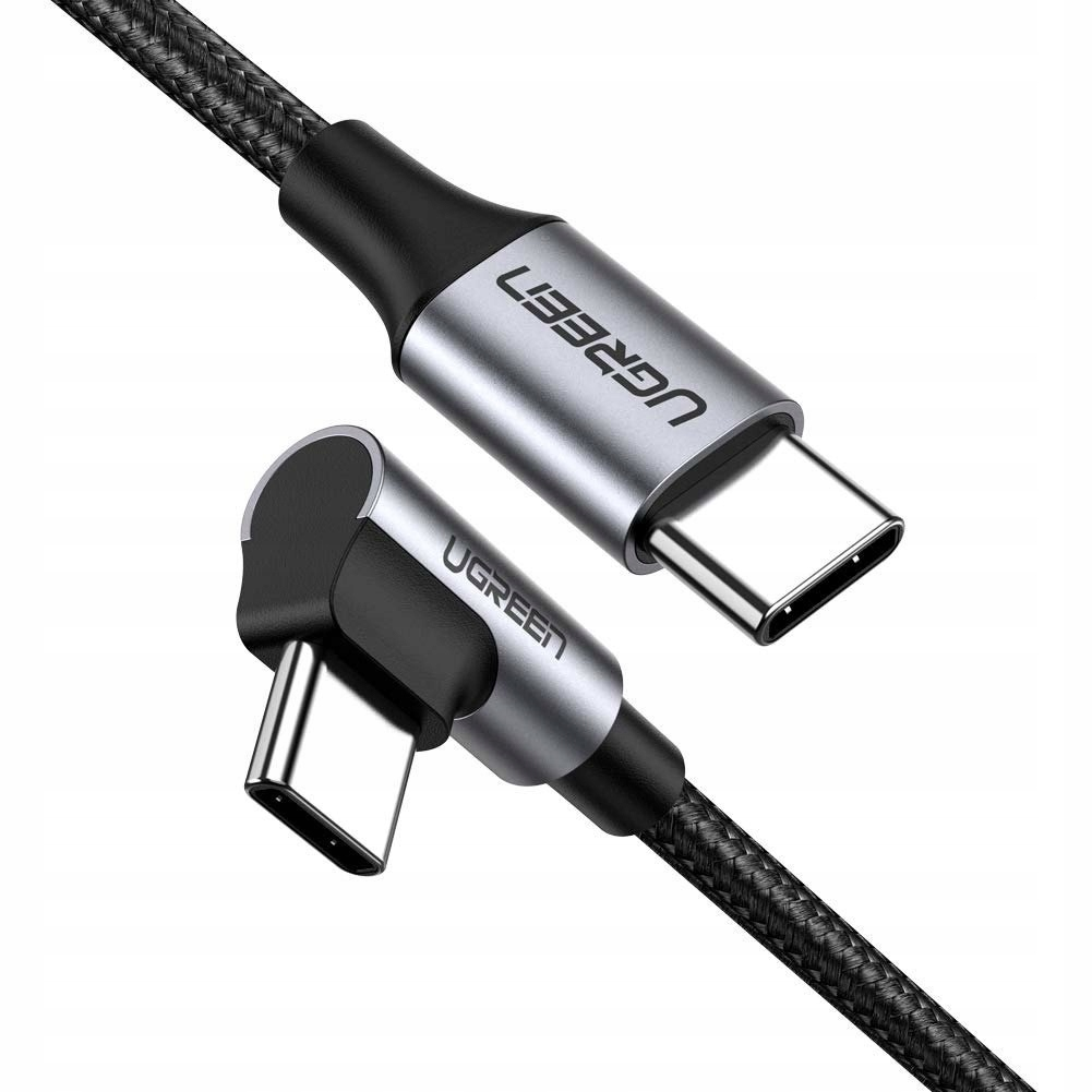 Zbliżenie kabla USB-C z marką UGREEN. Kabel jest czarno-szary z 90-stopniowym złączem.