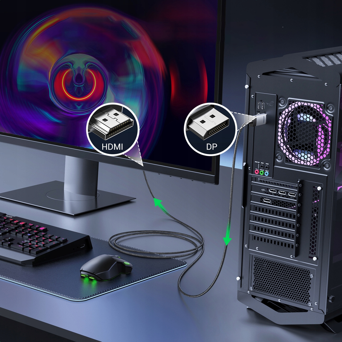 Wieża komputera z kablami podłączonymi do monitora. Obraz pokazuje porty HDMI i DP.