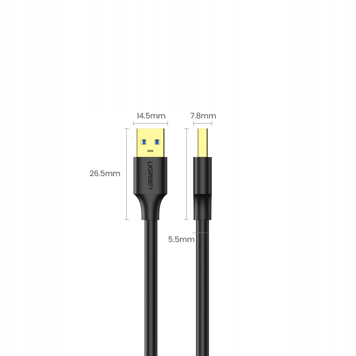 Czarny kabel USB z wymiarami. Złącze USB-A po lewej, USB-C po prawej. Wymiary podane.