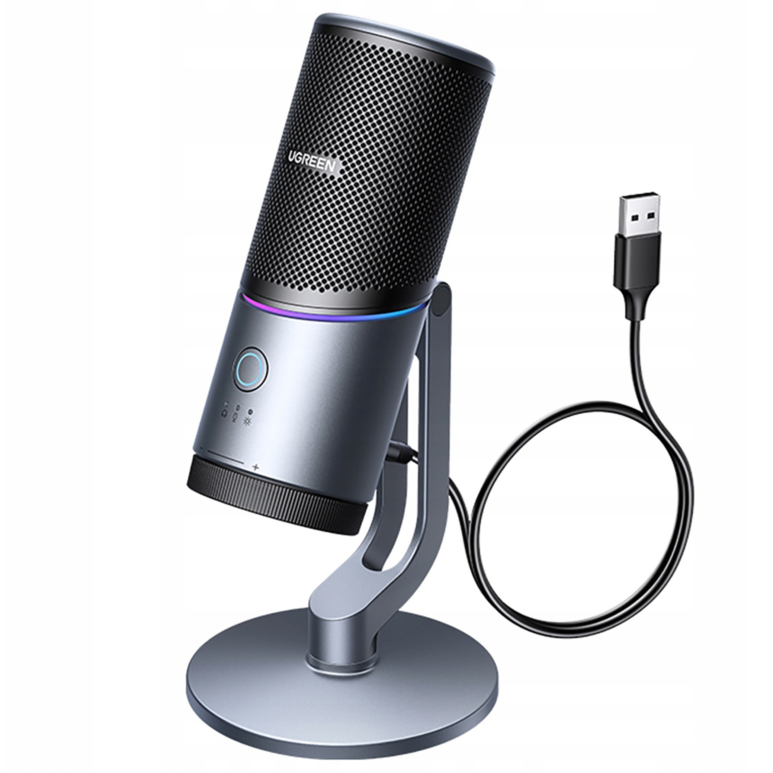 Srebrny mikrofon na statywie, podłączony do czarnego kabla. Mikrofon jest lekko pochylony.