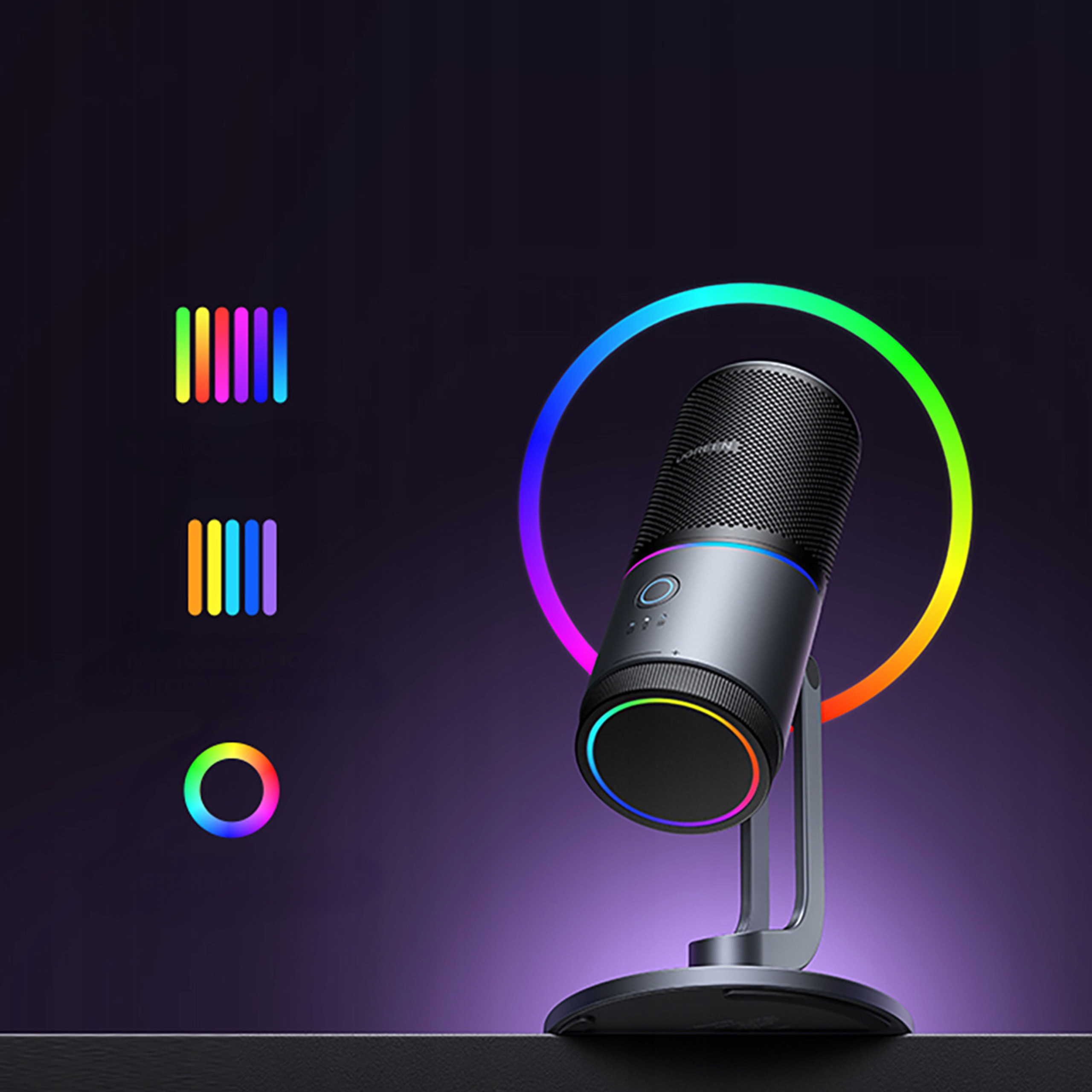 Czarny mikrofon z kolorowym pierścieniem świetlnym na statywie. Po lewej trzy pionowe, kolorowe linie.