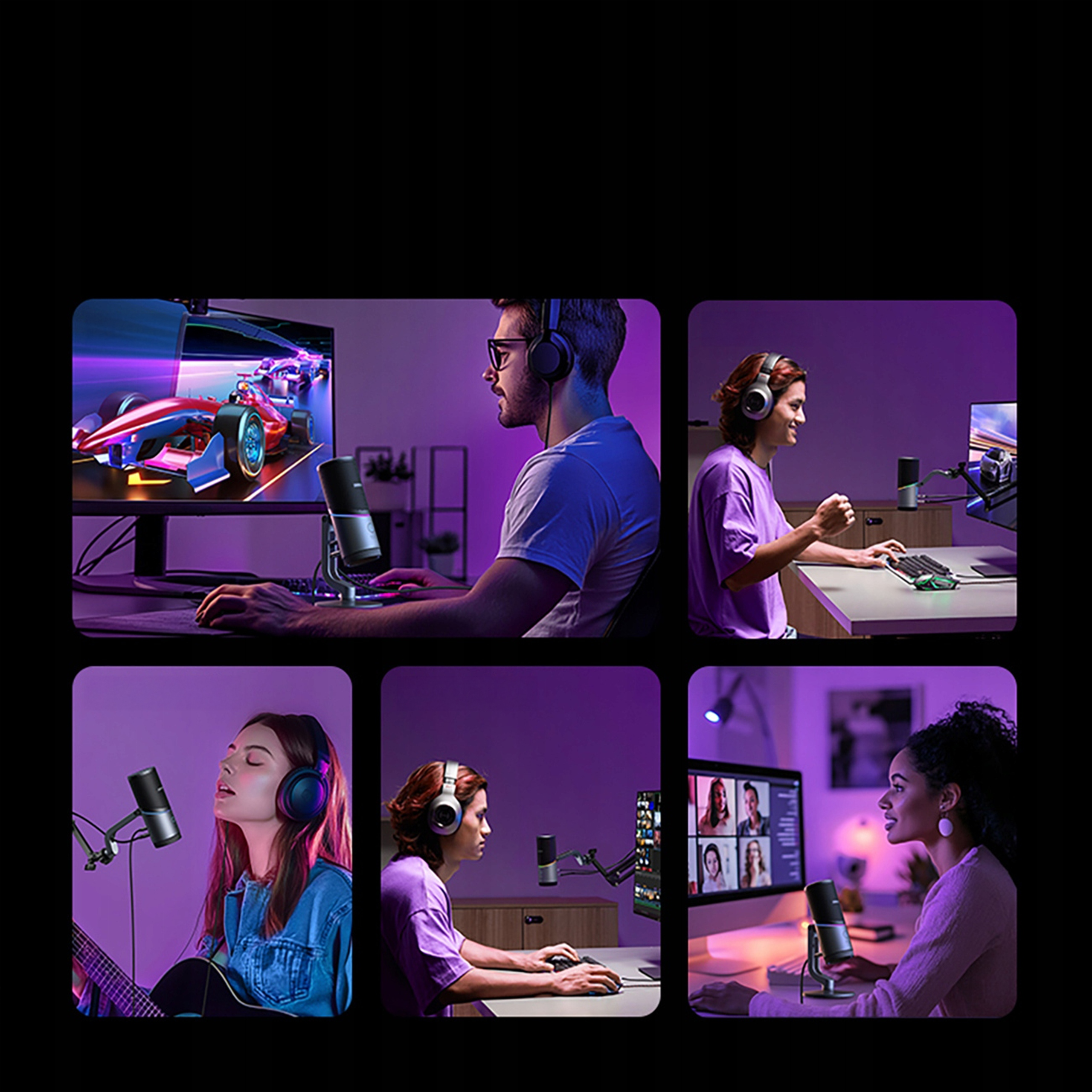 Sześć zdjęć osób używających mikrofonów do różnych czynności. Sceny obejmują granie, śpiewanie i rozmowy wideo.