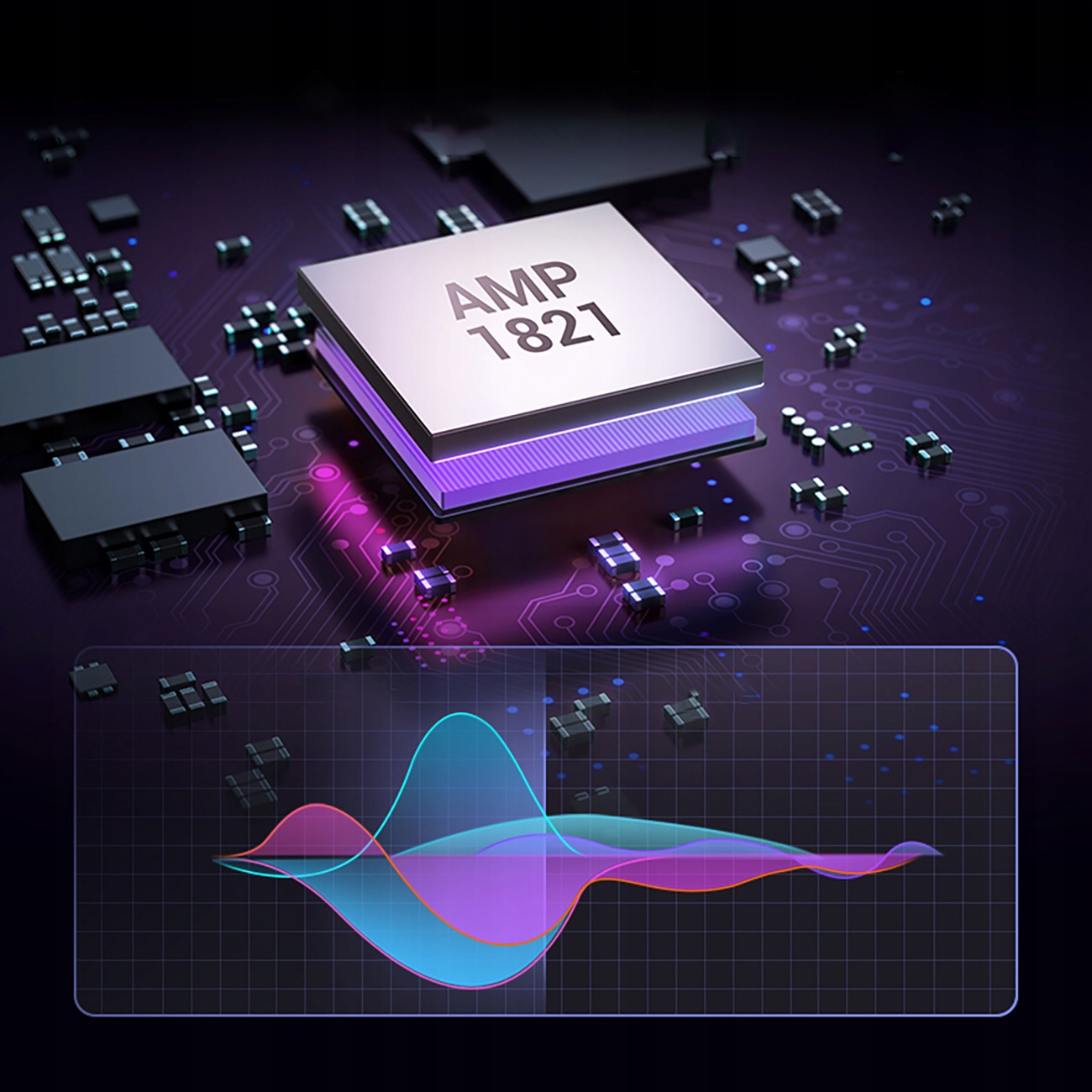 Zbliżenie procesora z napisem 'AMP 1821', otoczonego elementami płytki drukowanej i falami dźwiękowymi.