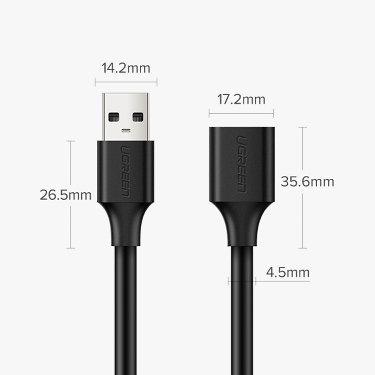 Dwa czarne złącza USB z wymiarami w mm. Jedno jest wpięte.