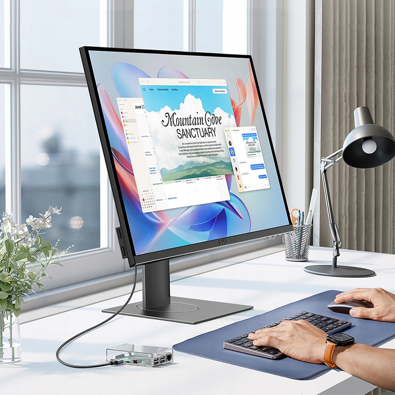 Monitor komputera wyświetla stronę internetową. Biurko z myszą, klawiaturą i małym hubem podłączonym do monitora.