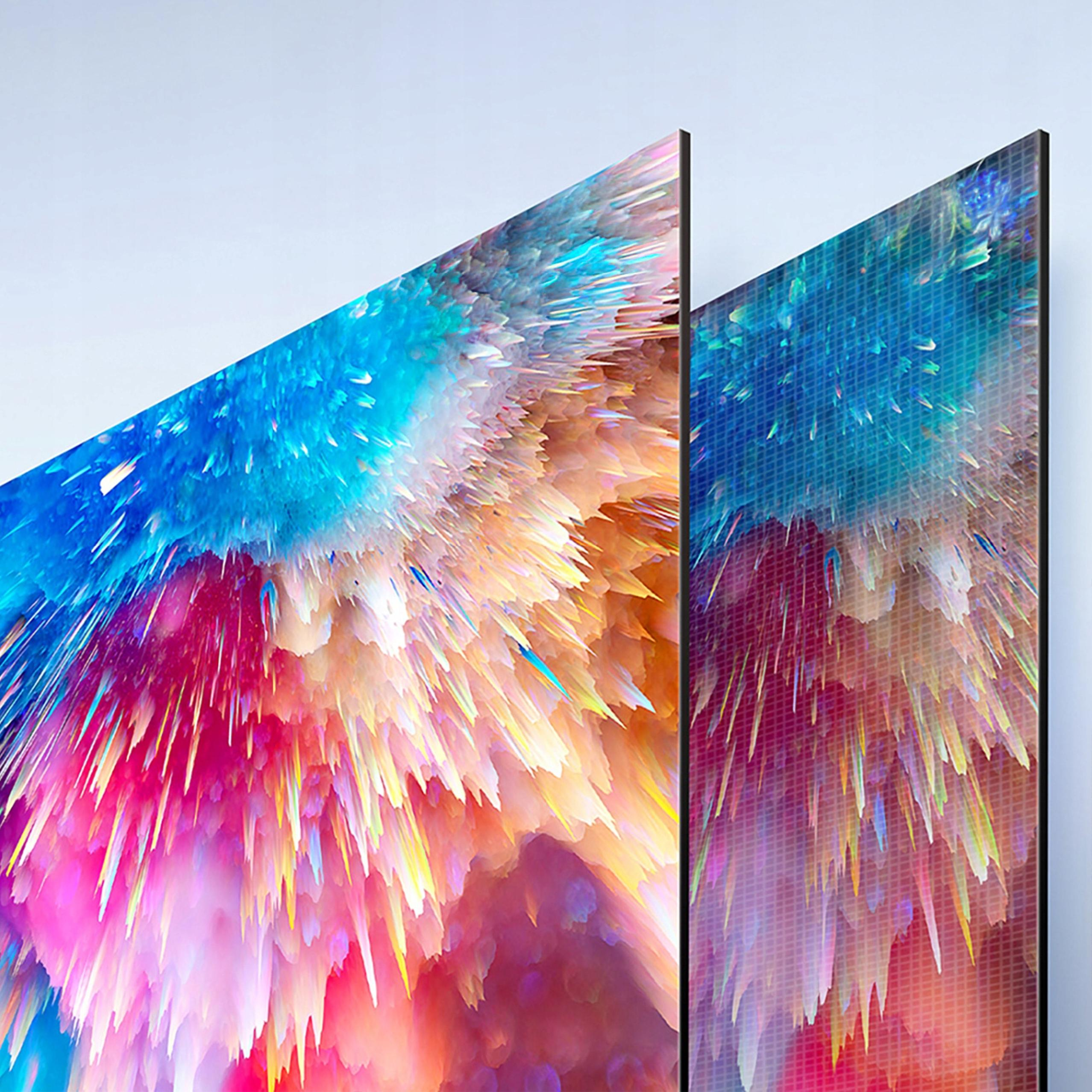 Dwa panele sztuki abstrakcyjnej z kolorowymi eksplozjami, jeden ze wzorem siatki.