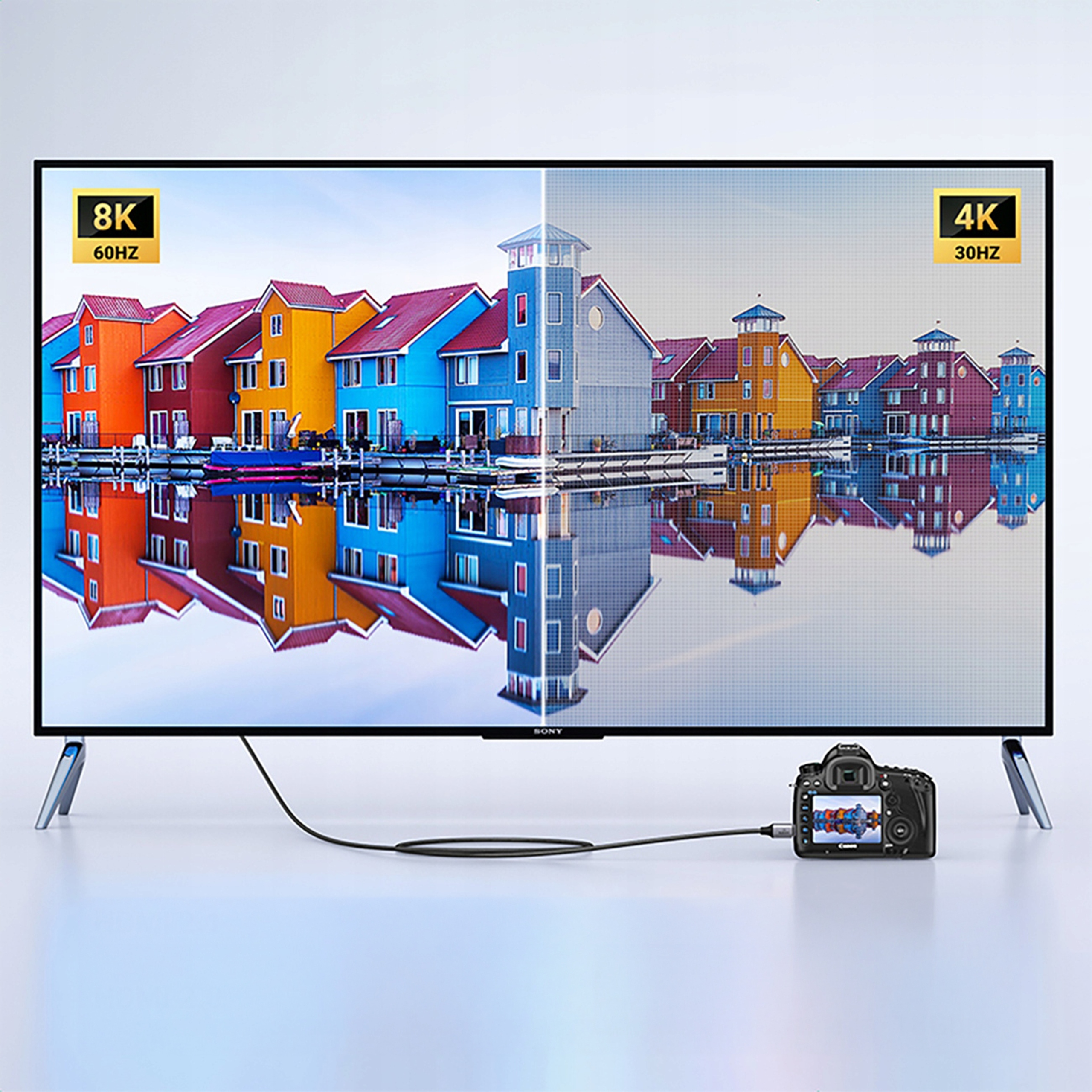 Ekran telewizora przedstawiający tętniącą życiem scenę nadmorską, porównując rozdzielczości 8K i 4K.