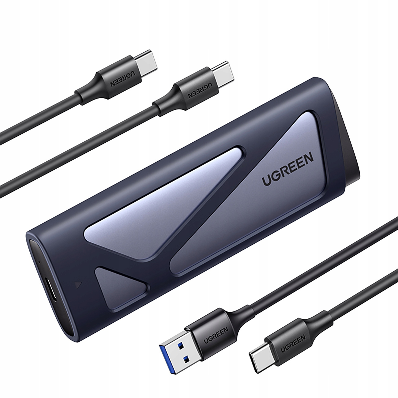 Czarny i niebieski zewnętrzny dysk SSD UGREEN, z kablami USB-C i USB. Białe tło.
