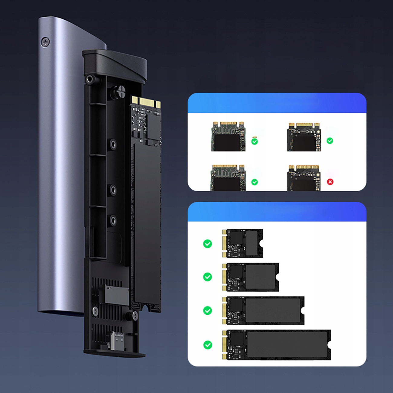 Zewnętrzny dysk twardy oraz schematy różnych rozmiarów i typów dysków SSD z zielonymi znacznikami wyboru i czerwonymi X.
