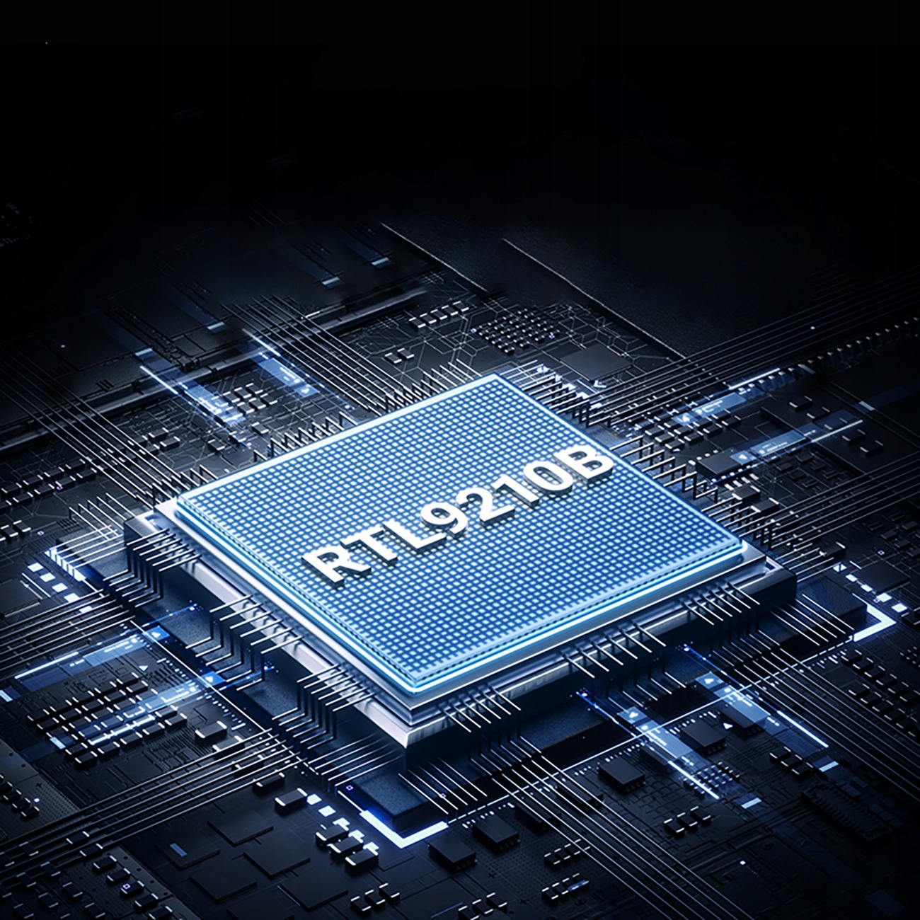 Zbliżenie chipa komputerowego z etykietą RTL9210B, z niebieskim blaskiem.