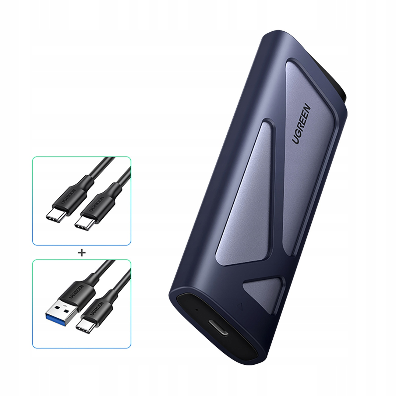 Zewnętrzny dysk SSD UGREEN z kablami USB-C i USB oraz adapterem USB-C na USB.