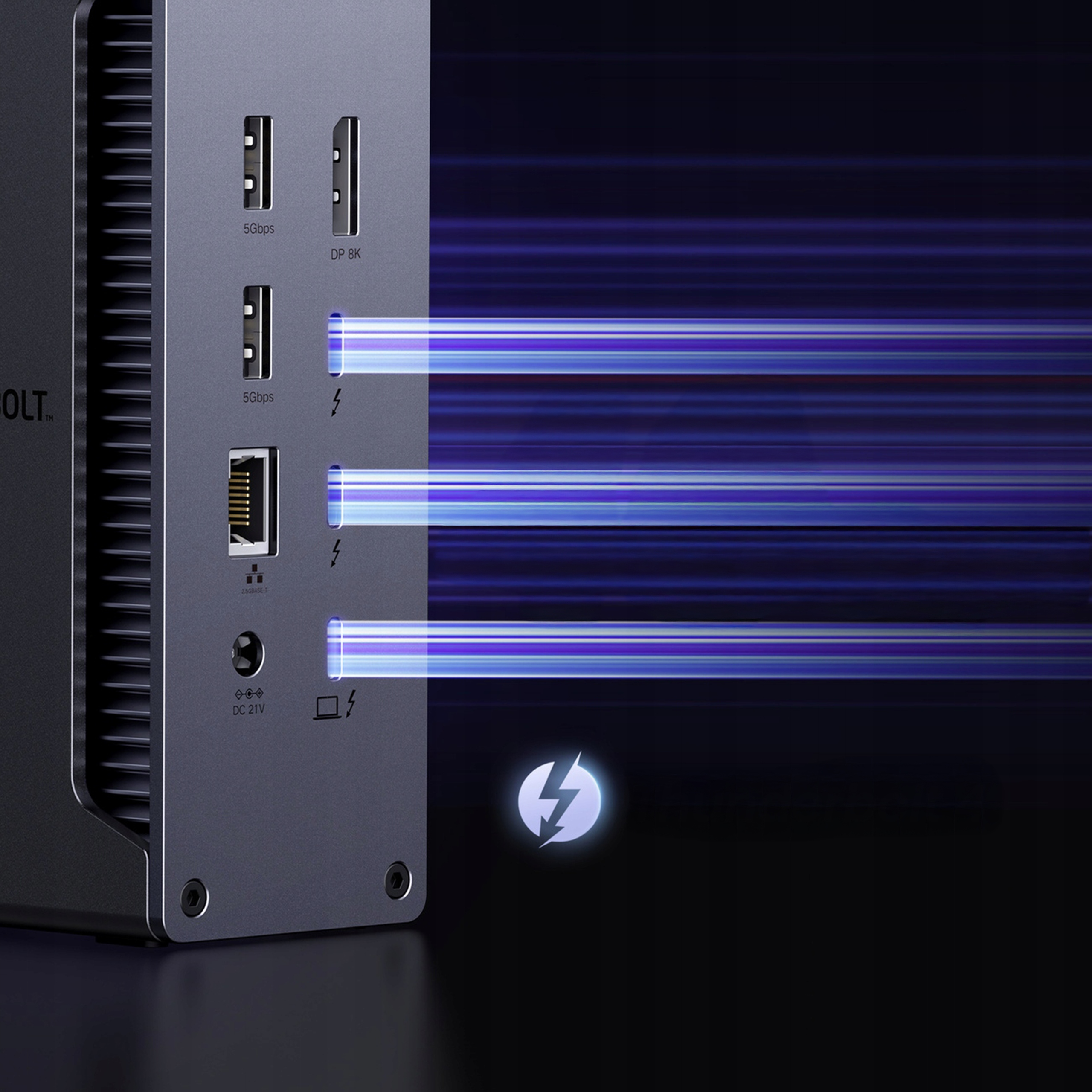 Stacja dokująca z portami USB, Ethernet i zasilania, podświetlona niebieskimi strumieniami danych.