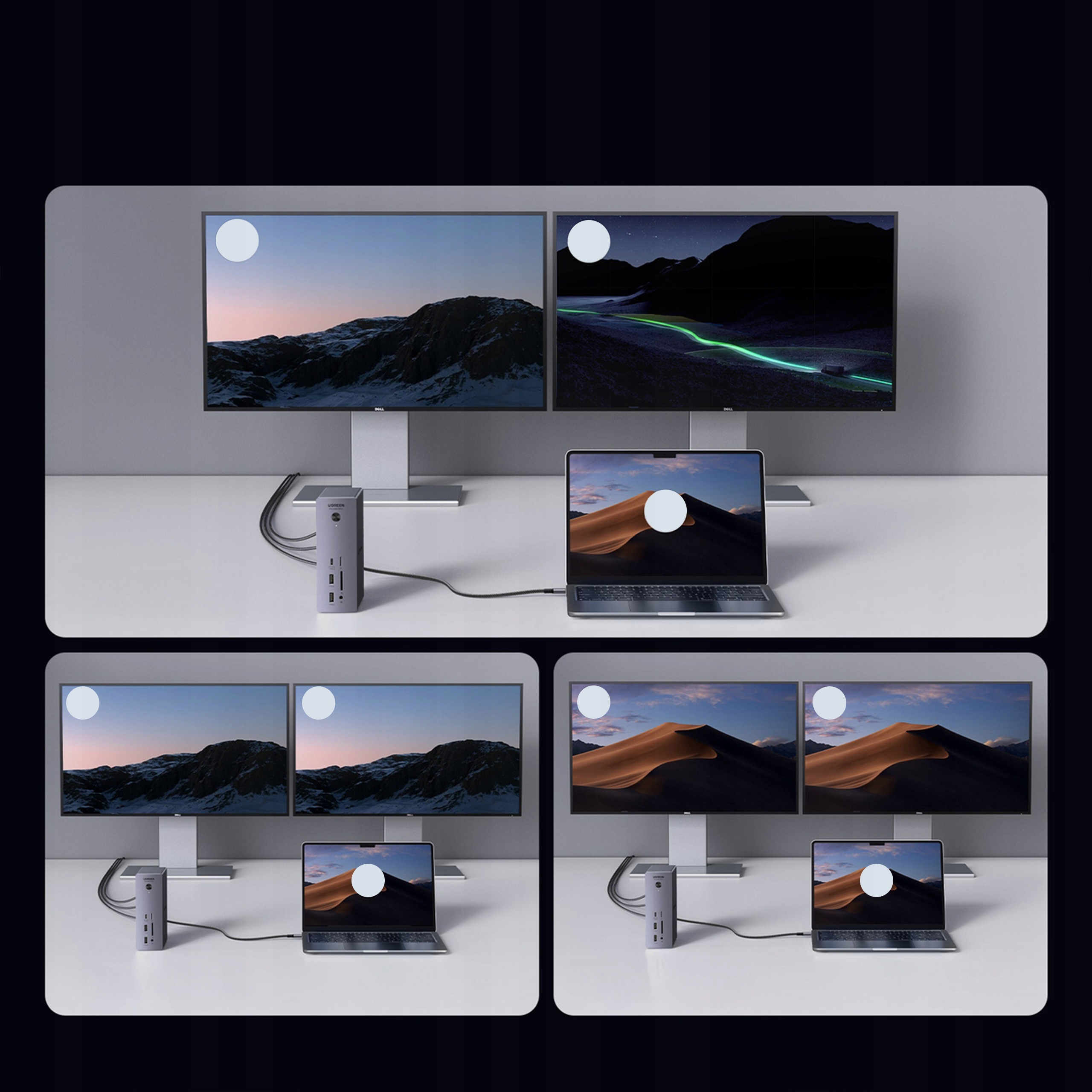 Cztery obrazy przedstawiające hub podłączony do laptopów i monitorów. Konfiguracja demonstruje różne konfiguracje.