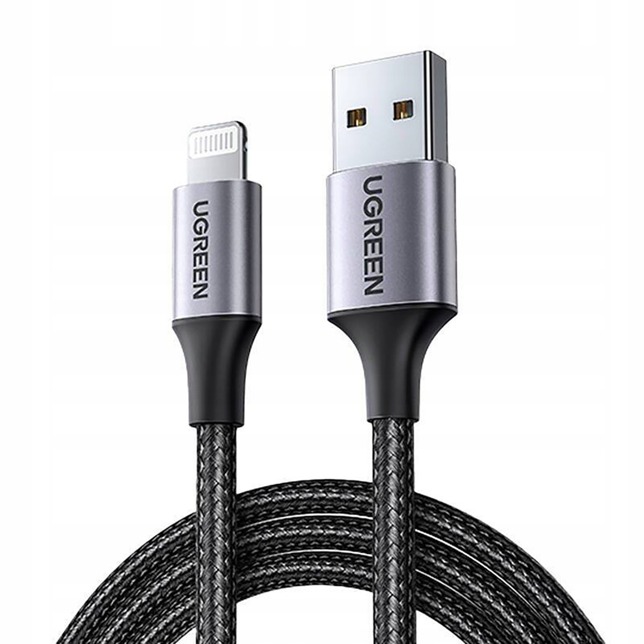 İki UGREEN kablosu. Biri USB - Lightning kablosu, diğeri USB - USB-A kablosudur.