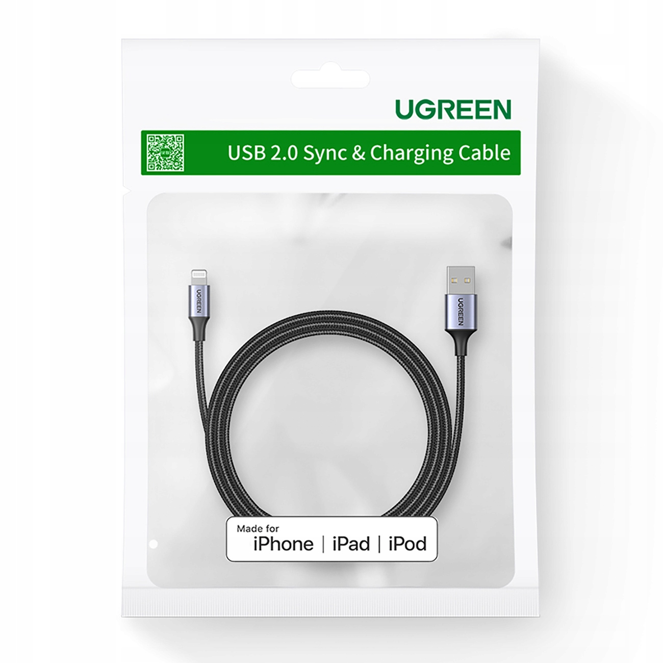 Bir UGREEN USB 2.0 Sync & Charging Cable paketi. Paket, Lightning konektörlü siyah bir kablo gösteriyor.