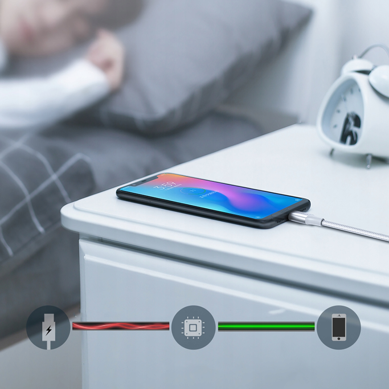 Smartfon ładuje się na stoliku nocnym. Osoba śpi w tle. Ikony reprezentują ładowanie.