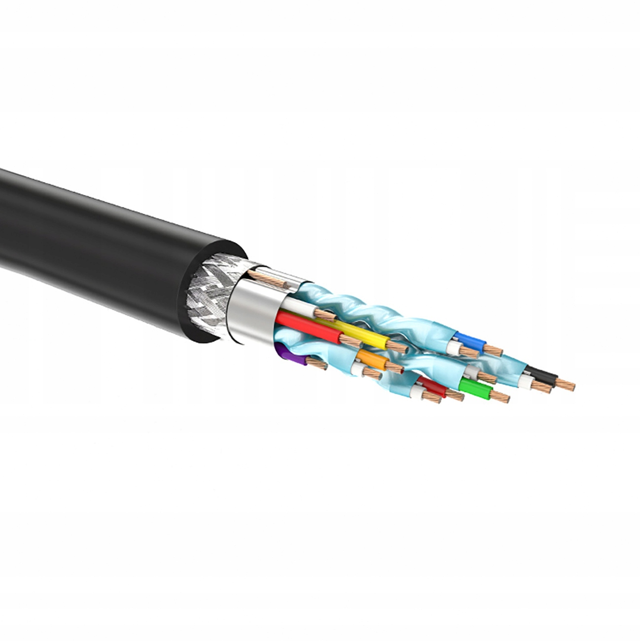 Przekrój czarnego kabla z kolorowymi przewodami wewnątrz, na białym tle.