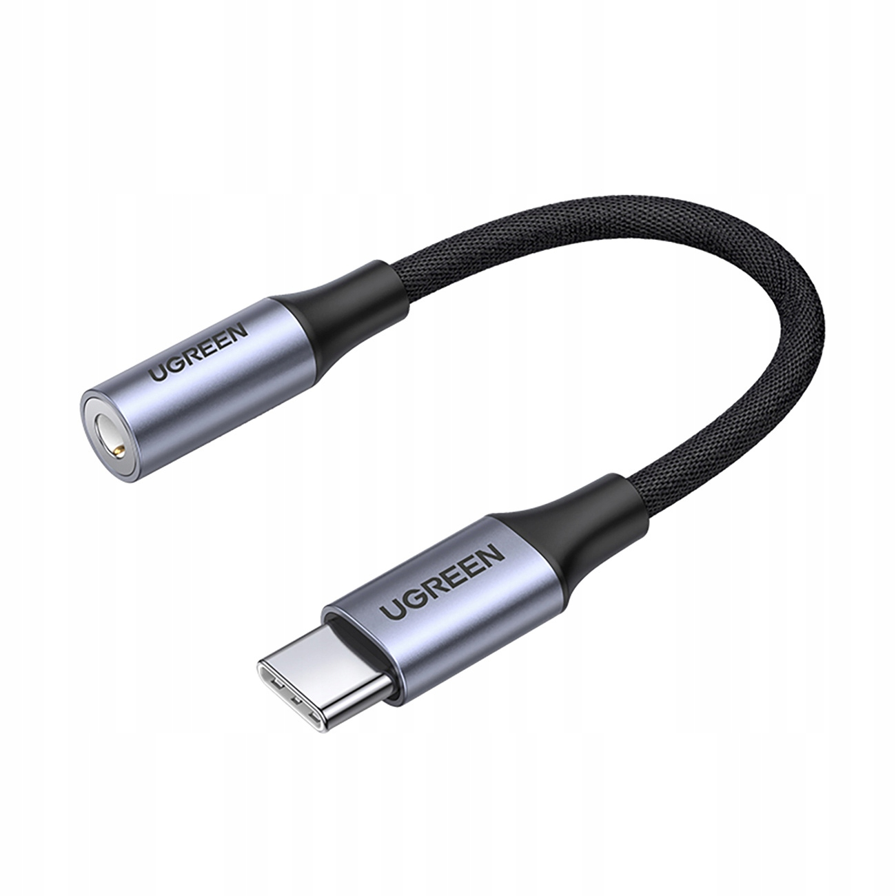 Srebrny adapter UGREEN z USB-C do gniazda audio 3,5 mm, na białym tle.