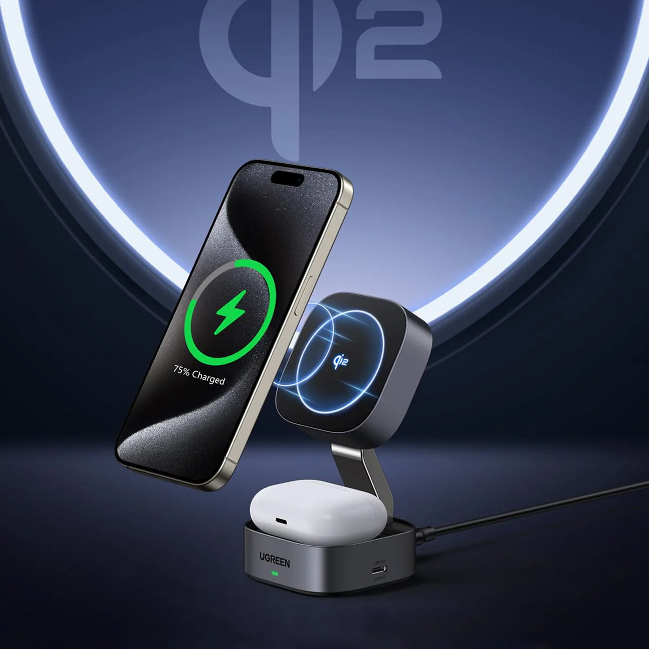 Ładowarka bezprzewodowa z telefonem i słuchawkami. Telefon pokazuje 75% naładowania.