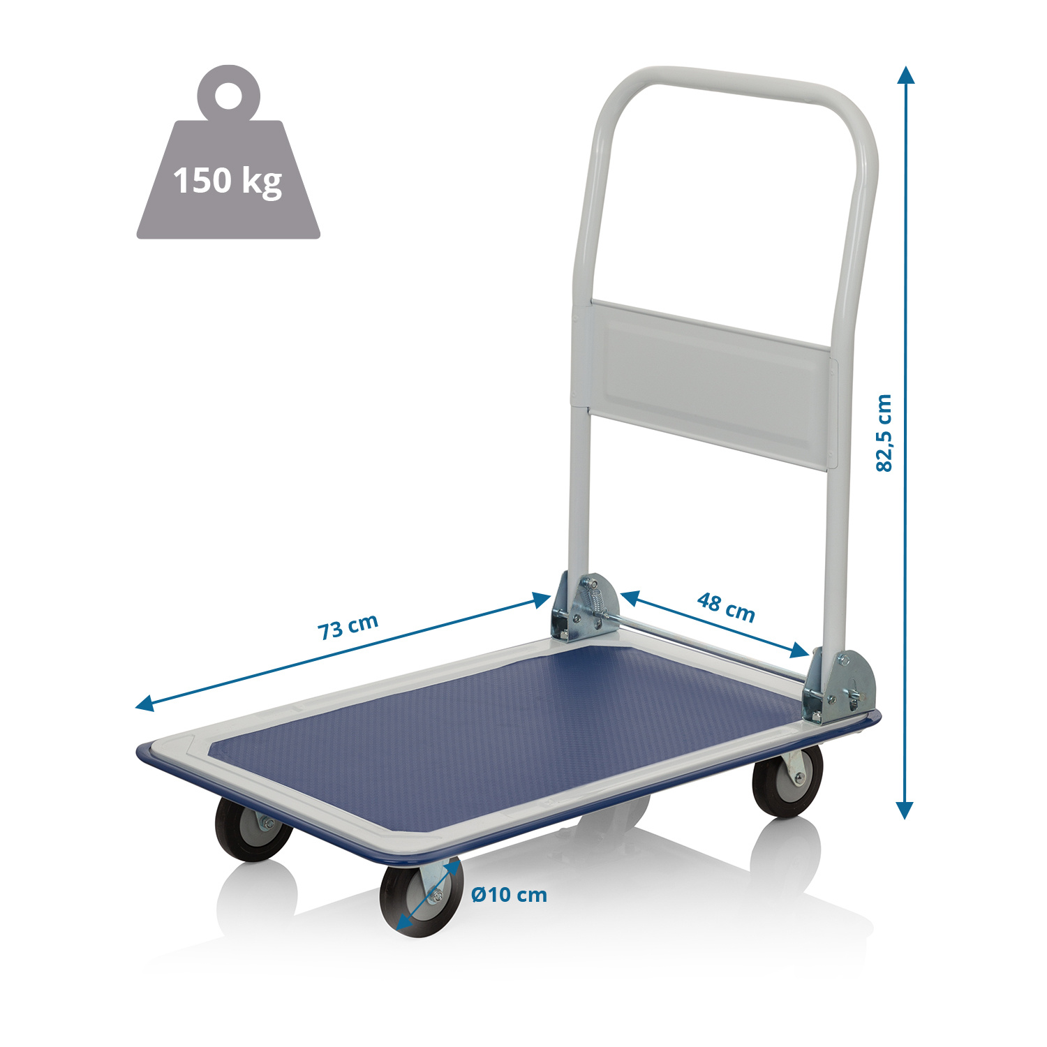 Handwagen mit Abmessungen und einer Tragfähigkeit von 150 kg auf weißem Hintergrund.