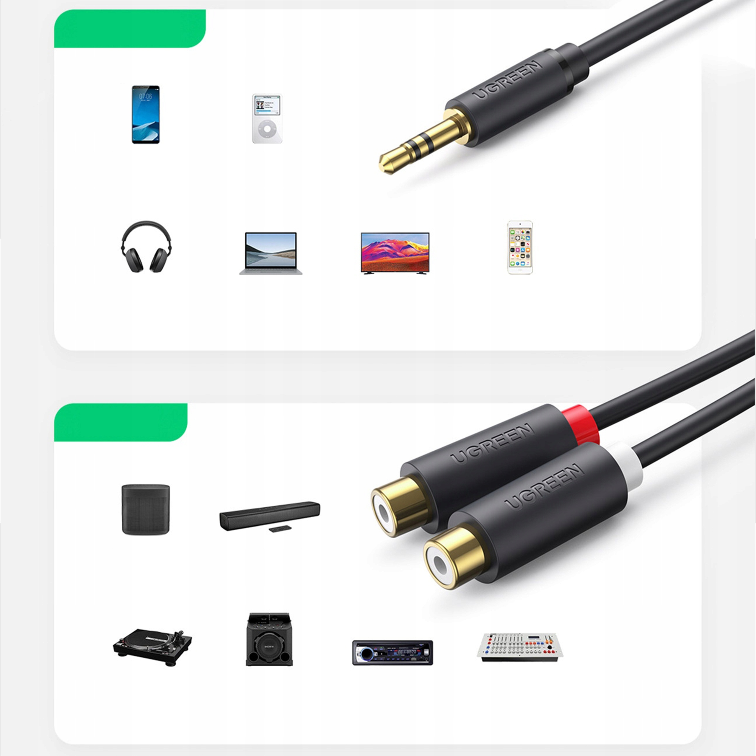 Wyświetlacz kabli i złączy audio. Gniazdo 3,5 mm, kable RCA i smartfon z innymi elementami technologicznymi.