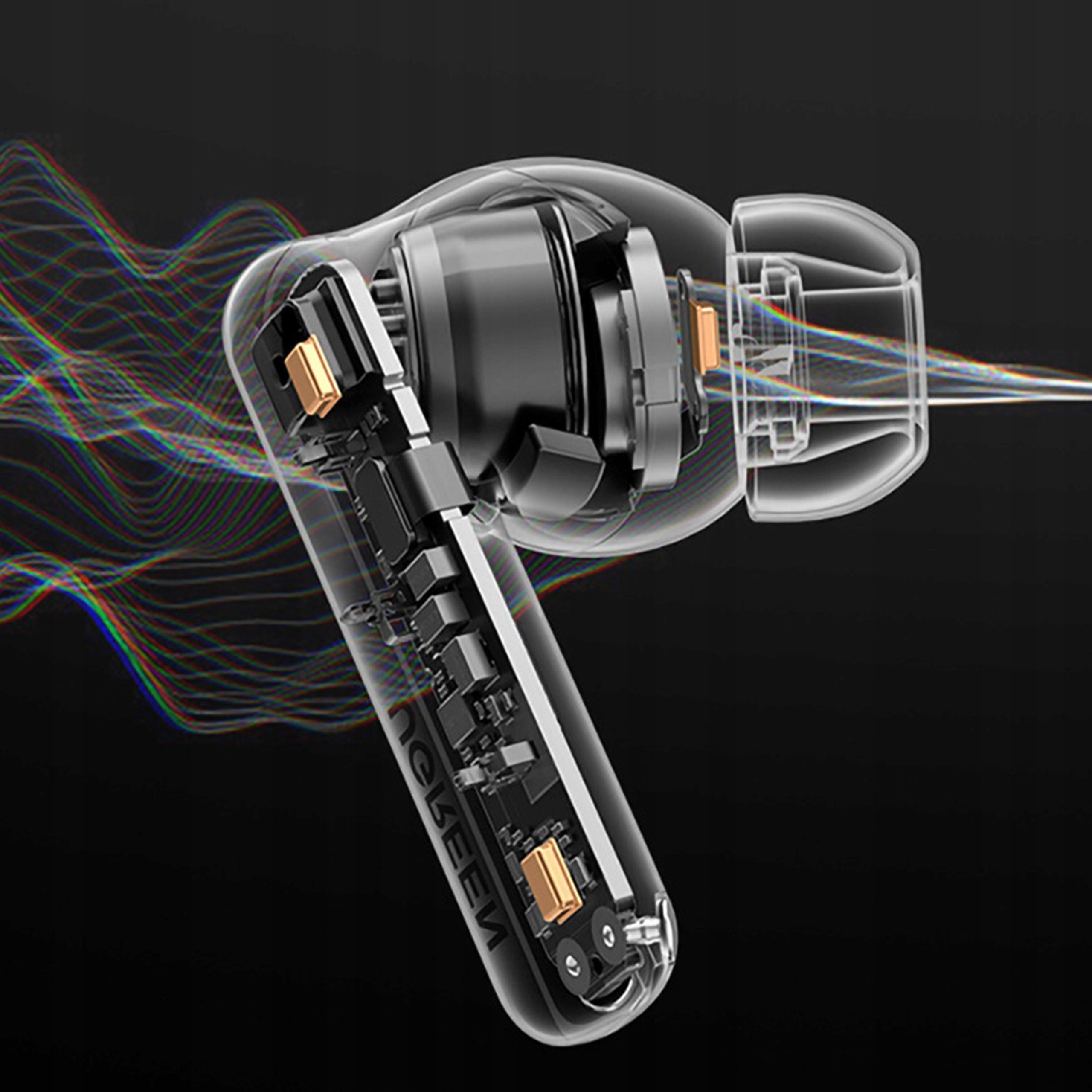 Przezroczysta słuchawka douszna pokazująca wewnętrzne komponenty, z grafiką fal dźwiękowych w tle.