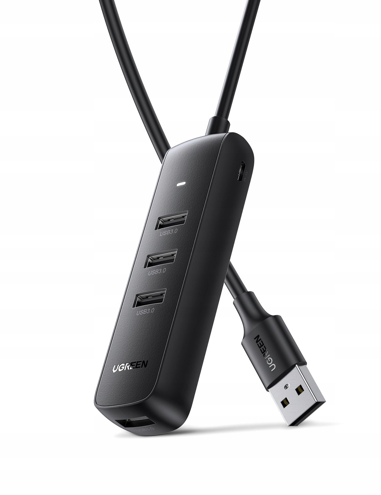 Czarny hub USB z czterema portami USB 3.0 i logo UGREEN, z kablem USB wychodzącym z niego.
