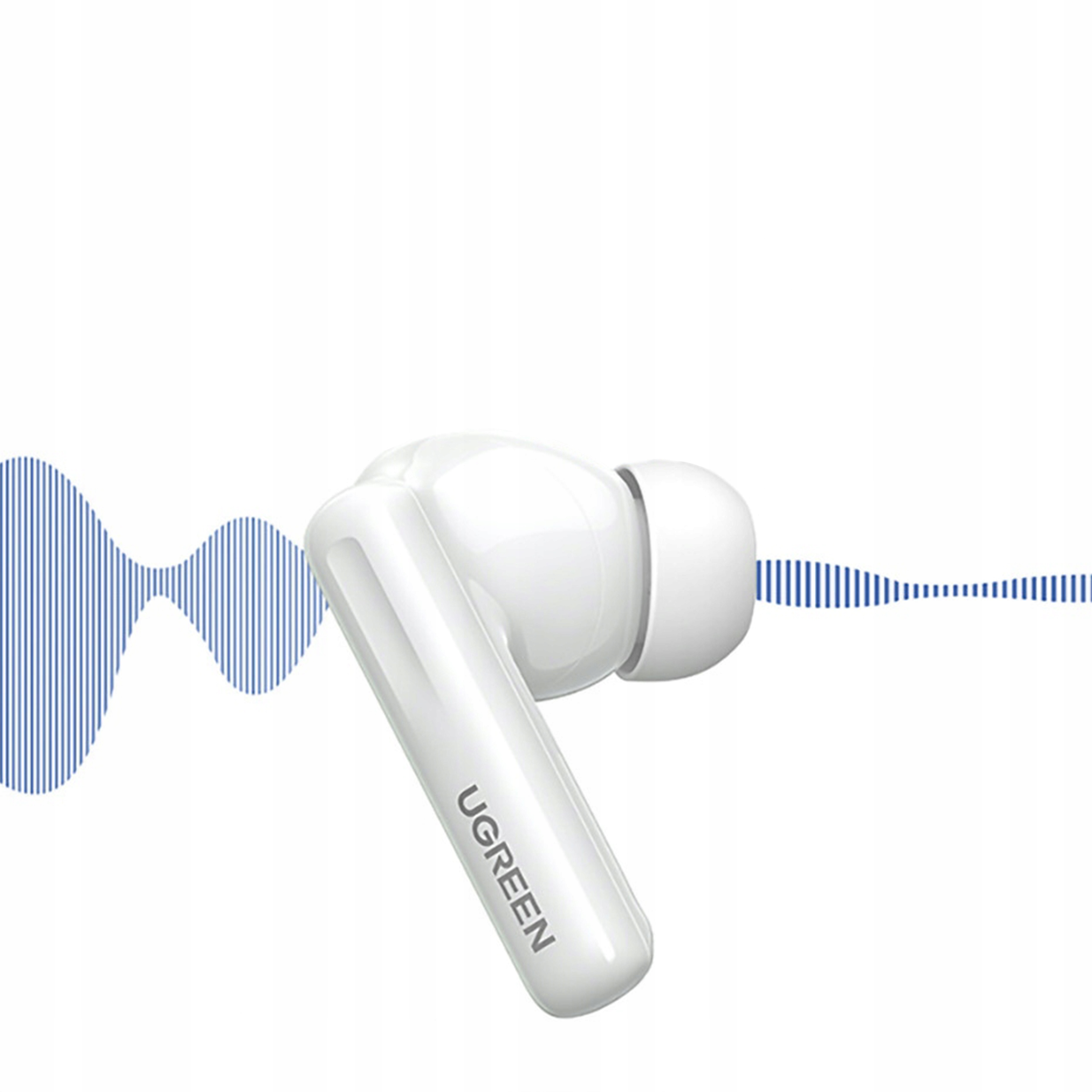 Pojedyncza słuchawka UGREEN z grafiką fali dźwiękowej. Słuchawka jest biała. Niebieskie faliste linie w tle.