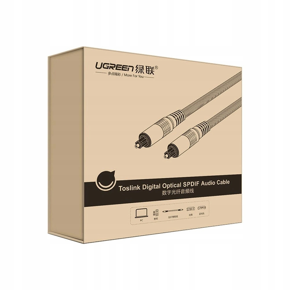 Pudełko produktu UGREEN, z cyfrowym kablem audio optycznym SPDIF i ikonami reprezentującymi komputery i urządzenia.