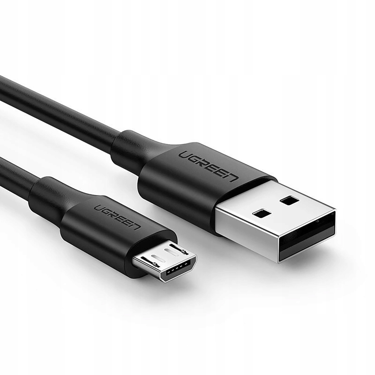 Czarny kabel USB z marką UGREEN. Jeden koniec to USB, drugi to micro USB, oba są połączone.