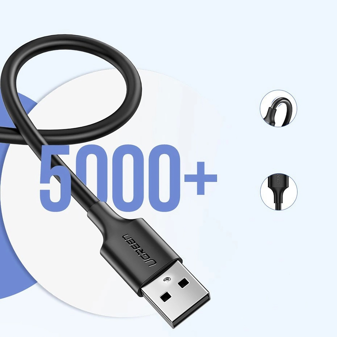 Czarny kabel USB UGREEN z tekstem '5000+' i niebiesko-białym tłem.