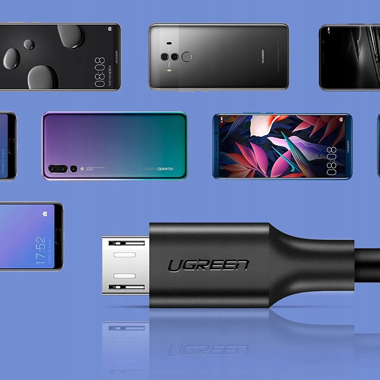 Czarny kabel USB z marką UGREEN i różnymi telefonami. Telefony są na niebieskim tle.