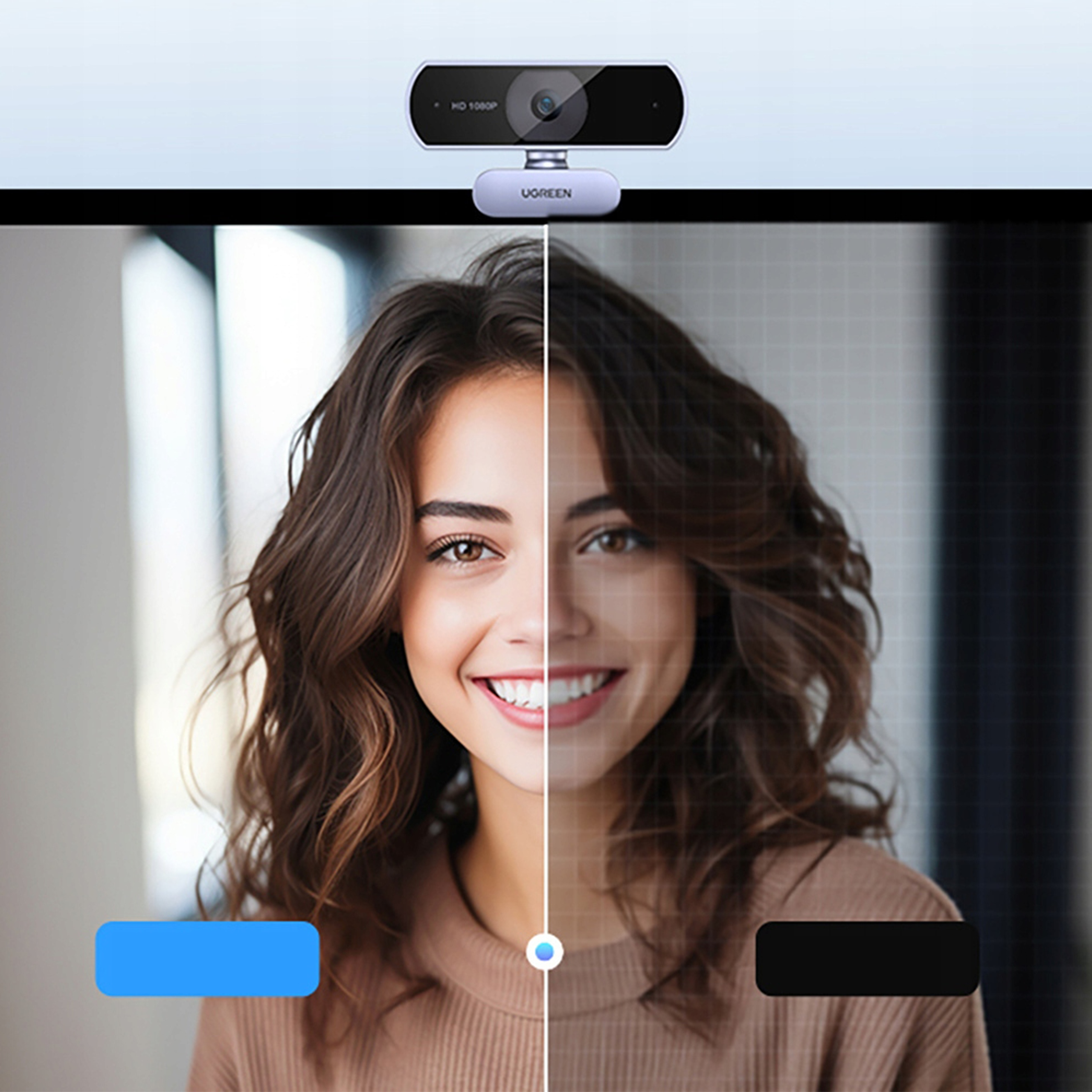 Kamera internetowa z podzielonym ekranem twarzy kobiety. Jedna strona jest normalna, druga ulepszona. Niebieskie i czarne przyciski poniżej.