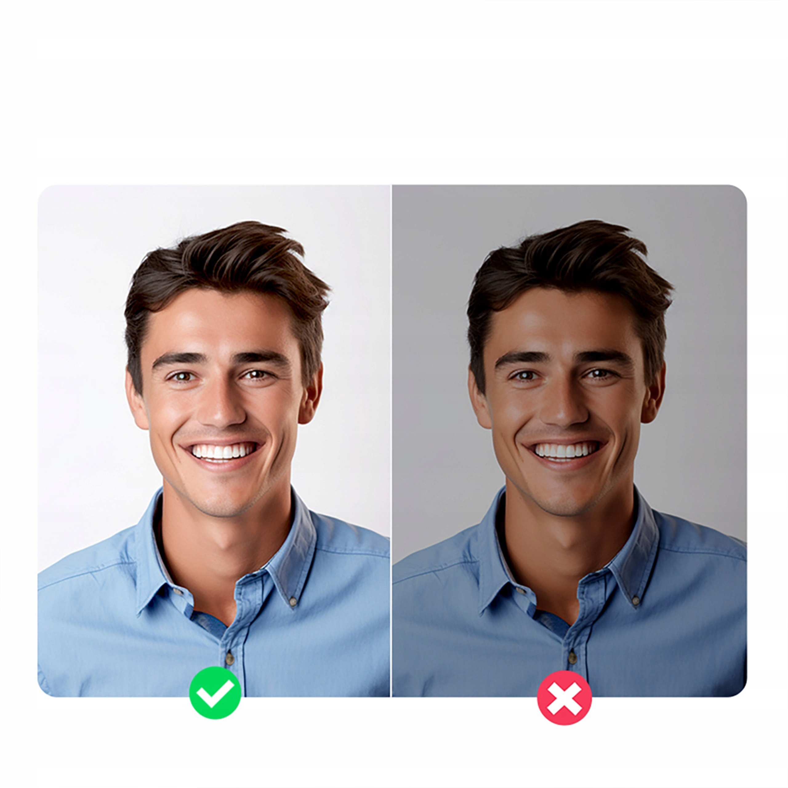 Dwa portrety uśmiechniętego mężczyzny. Jeden jest prawidłowo oświetlony, drugi nie.