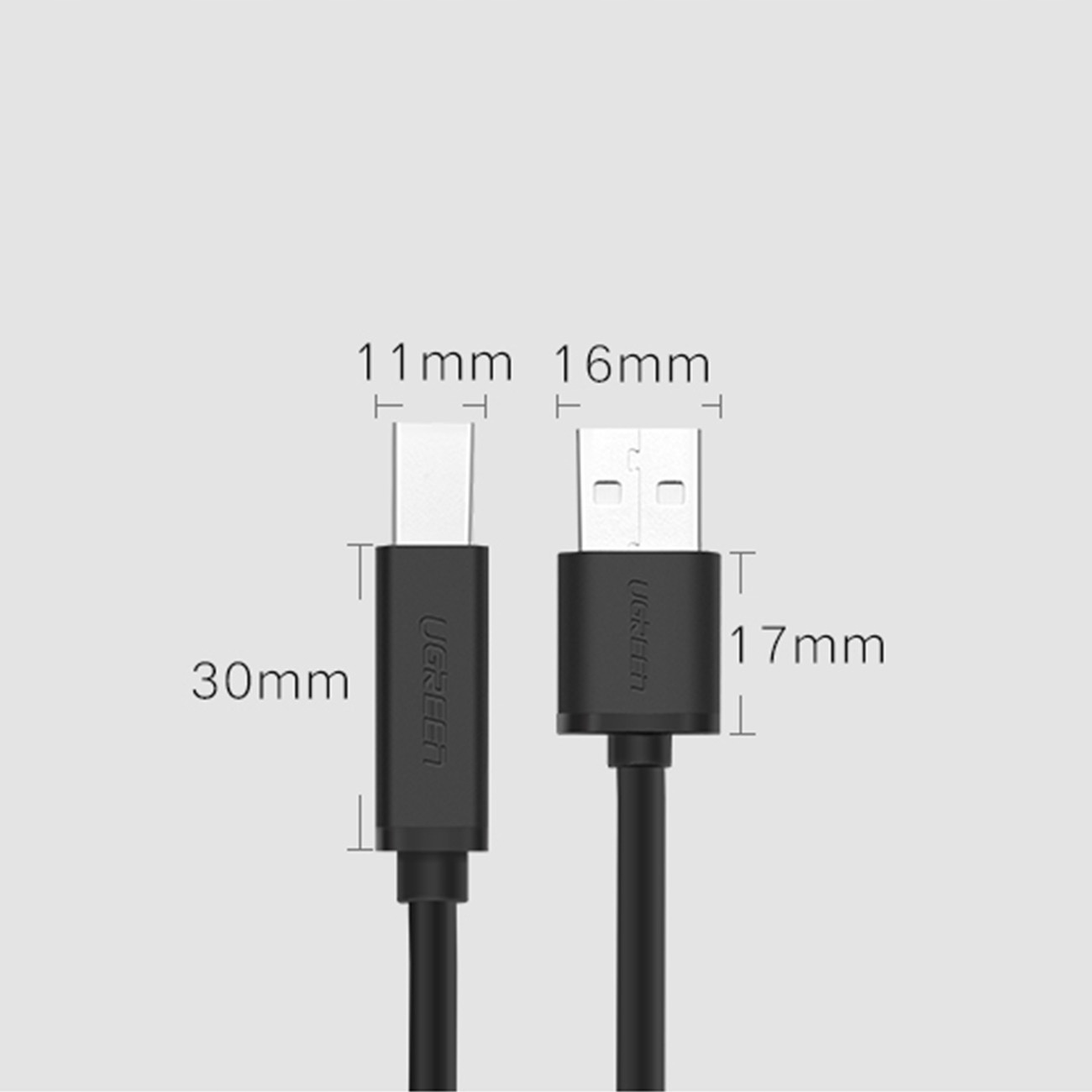 İkisi de UGREEN USB kablosu, biri USB-A diğeri USB-C konektörlü, ölçülerle etiketlenmiş.
