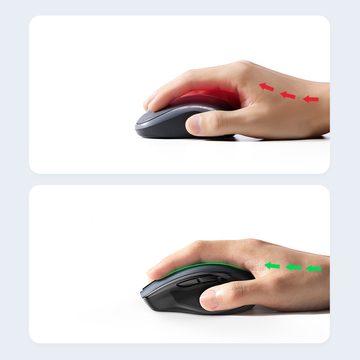 Dwa obrazy dłoni używającej myszy. Strzałki wskazują prawidłowe i nieprawidłowe ułożenie dłoni.