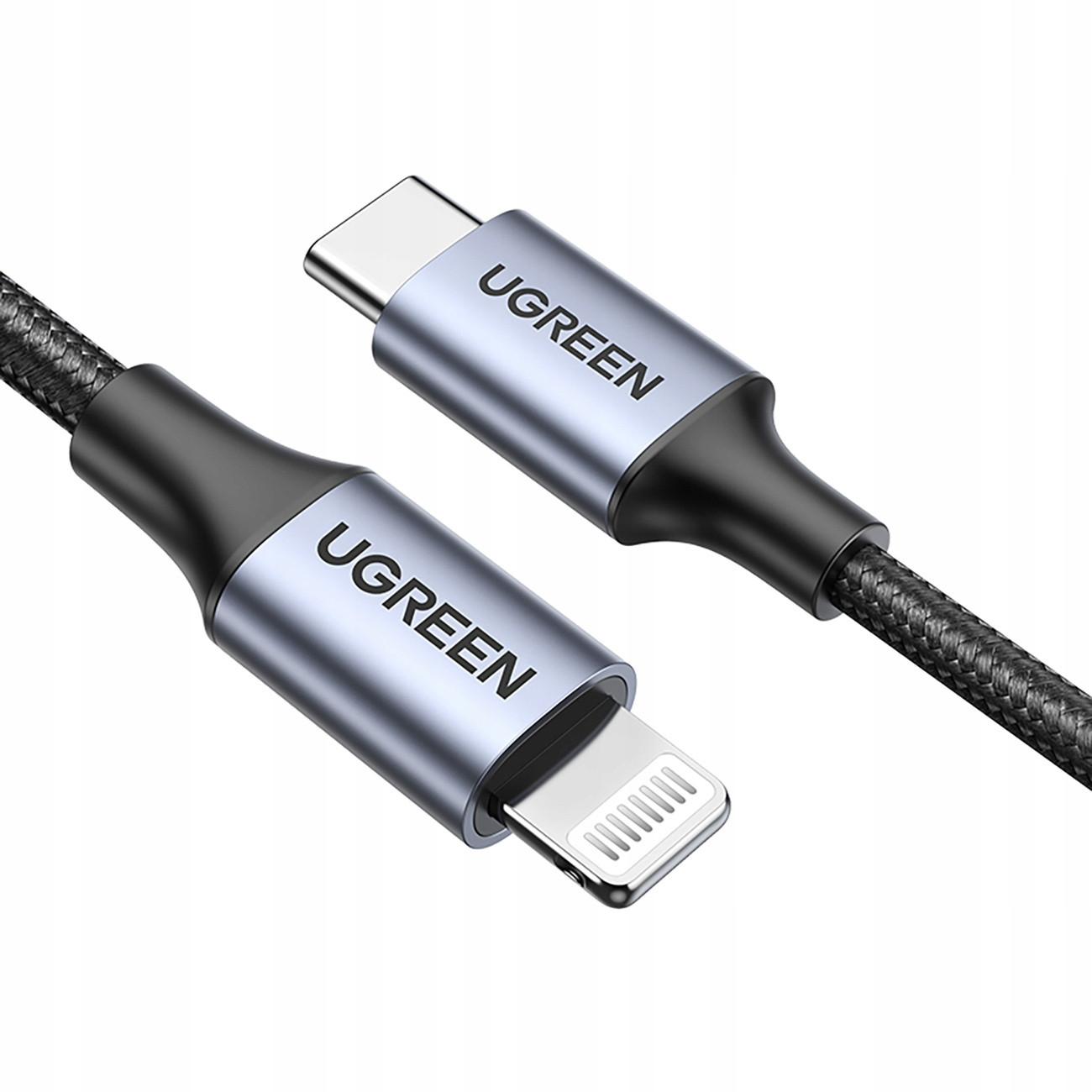 Dwa kable UGREEN, jeden z USB-C i jeden ze złączem Lightning. Oba są srebrne i czarne.