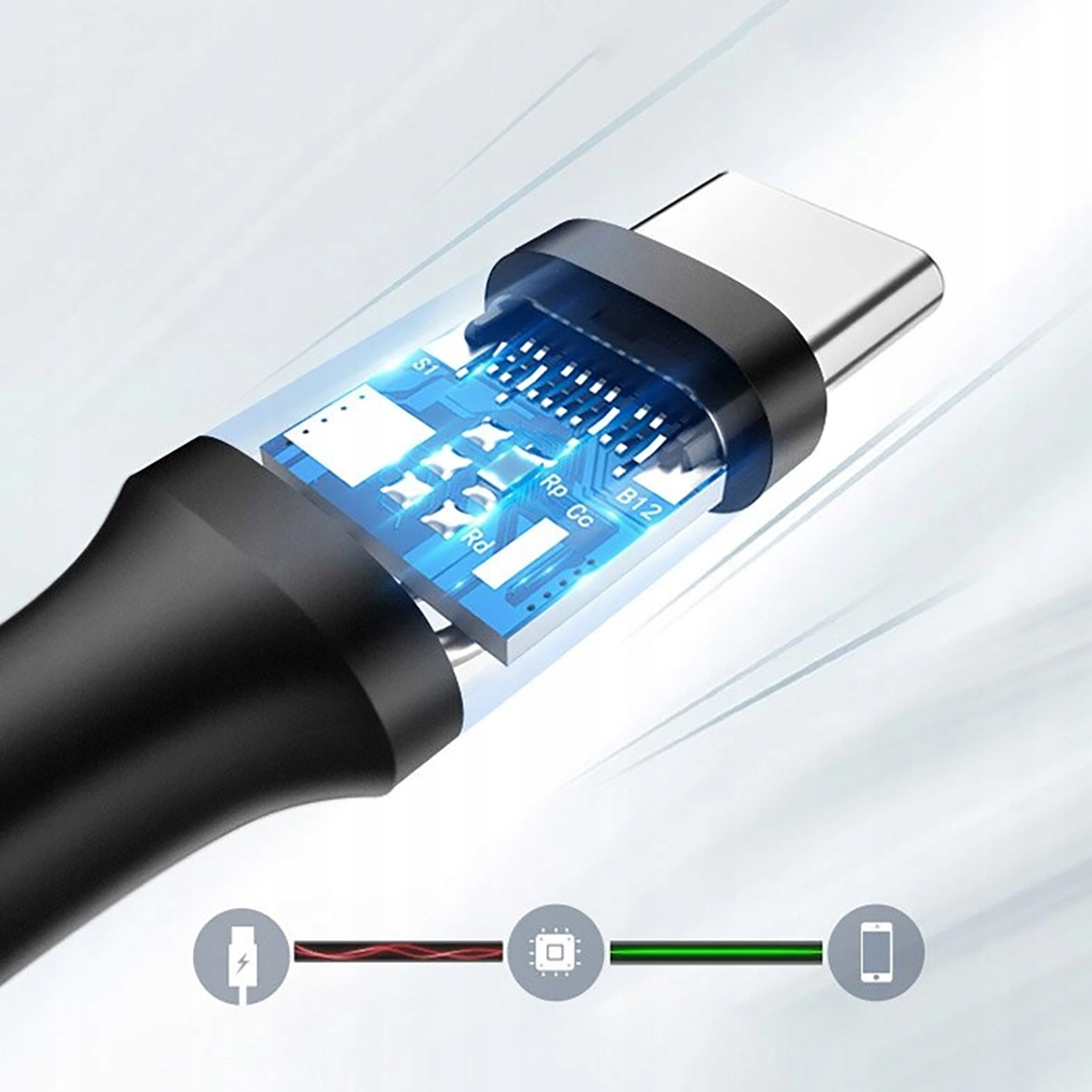 Zbliżenie głowicy kabla USB-C. Widoczne są wewnętrzne elementy złącza.