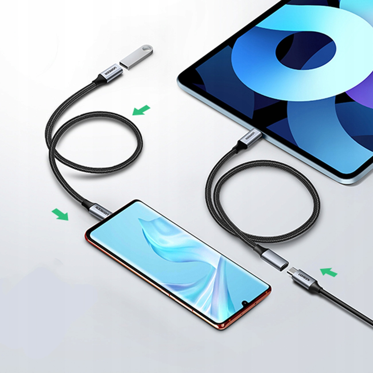 Due telefoni e un tablet collegati con cavi UGREEN. Frecce verdi indicano le connessioni.