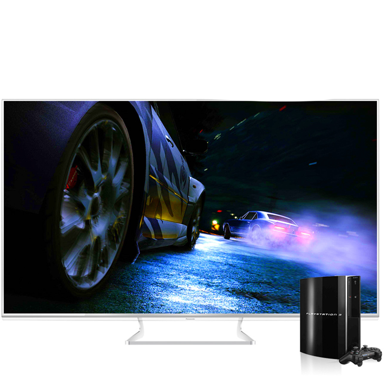 Telewizor z grą wyścigową, PlayStation i kontrolerem. Samochody ścigają się na ekranie. Czarna konsola i kontroler po prawej.