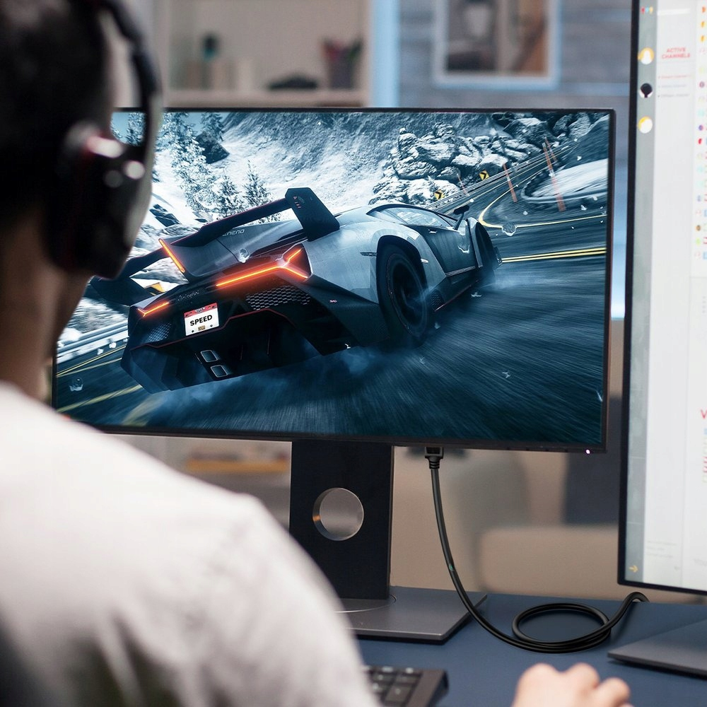 Osoba grająca w grę wyścigową na monitorze. Gra pokazuje samochód ścigający się na ośnieżonym torze.