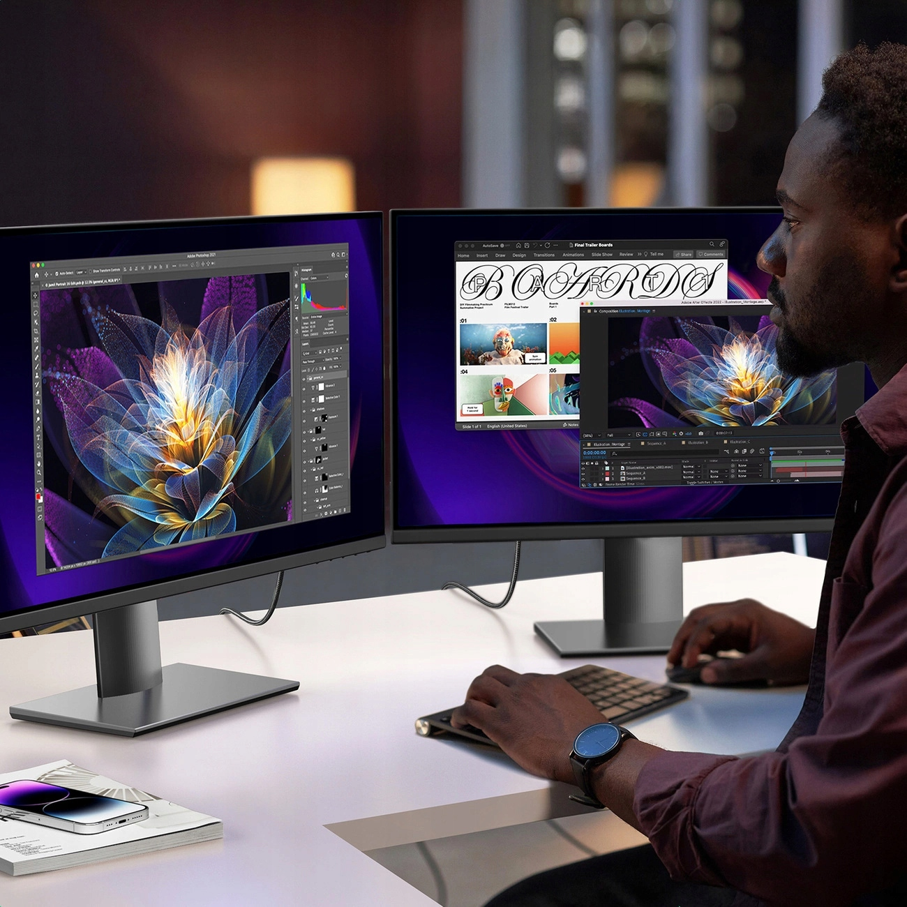 Dwa monitory komputerowe wyświetlające kolorowy obraz, z osobą używającą myszy i klawiatury.