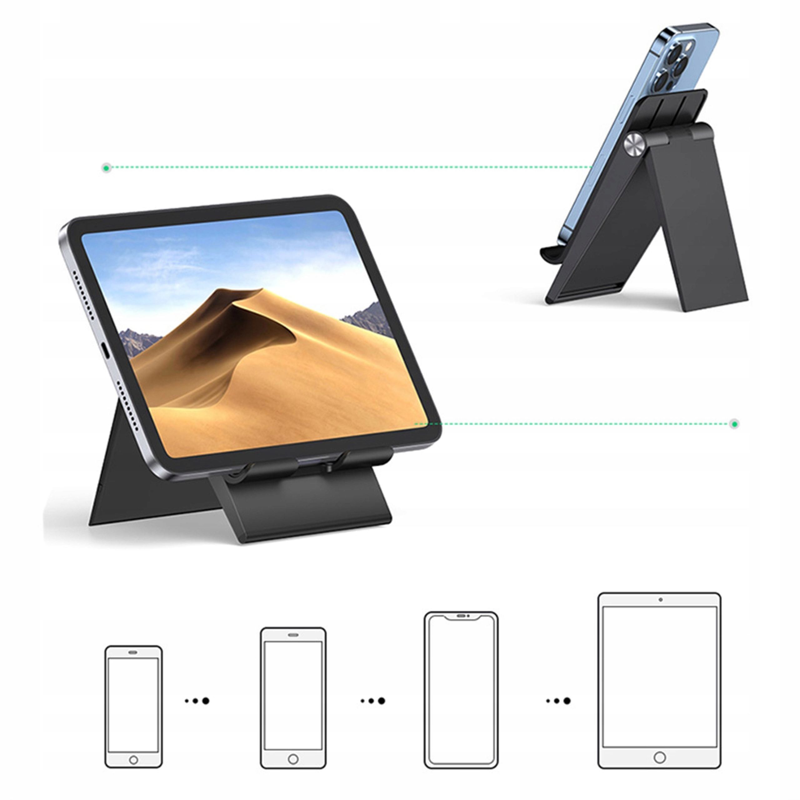 Stojaki na tablety i telefony. Tablet wyświetla obraz pustyni. Telefon spoczywa na podobnym stojaku. Pokazano kontury telefonów i tabletów.