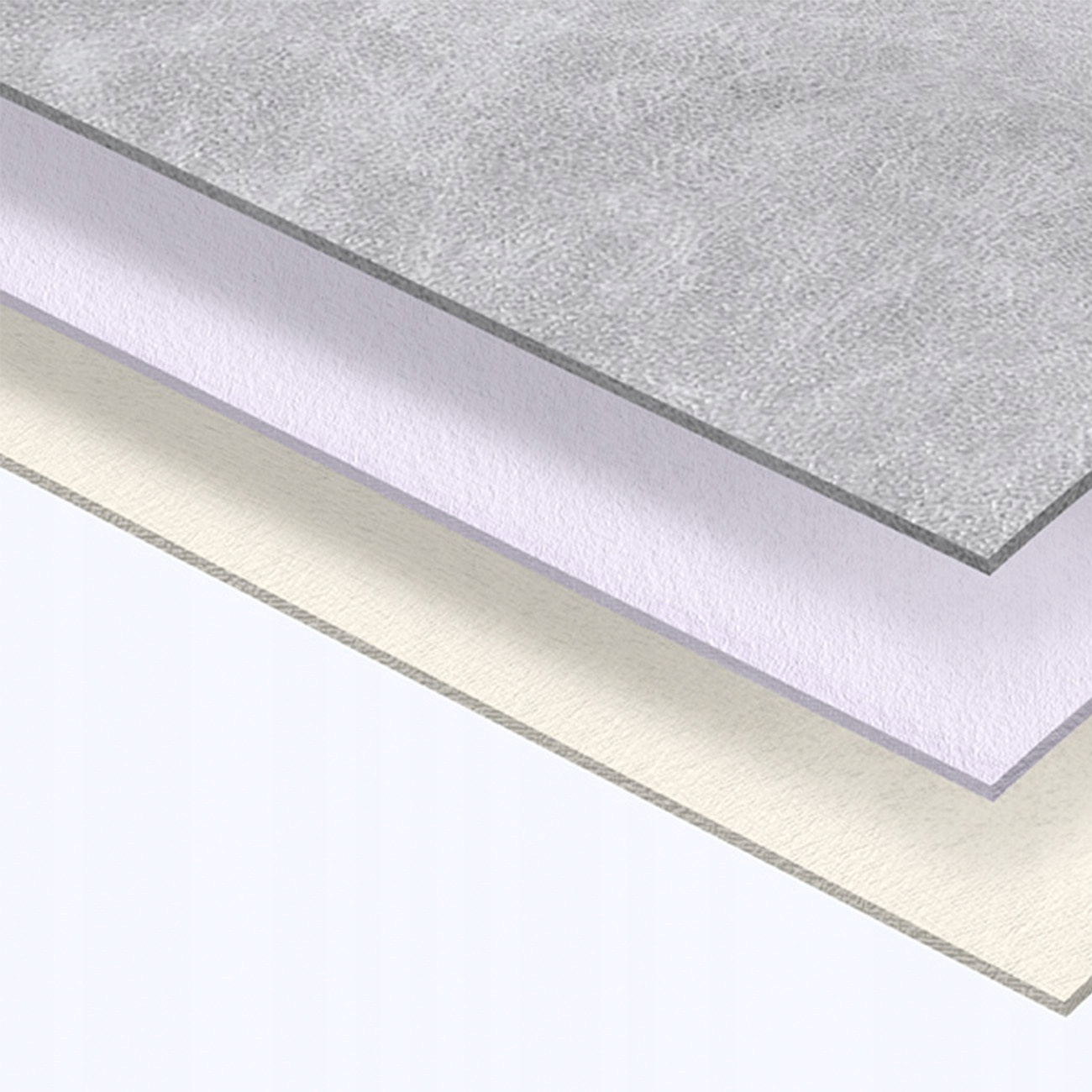 Warstwy różnych materiałów. Górna warstwa to szary o fakturze, następnie biały, beżowy i przezroczysta warstwa na dole.