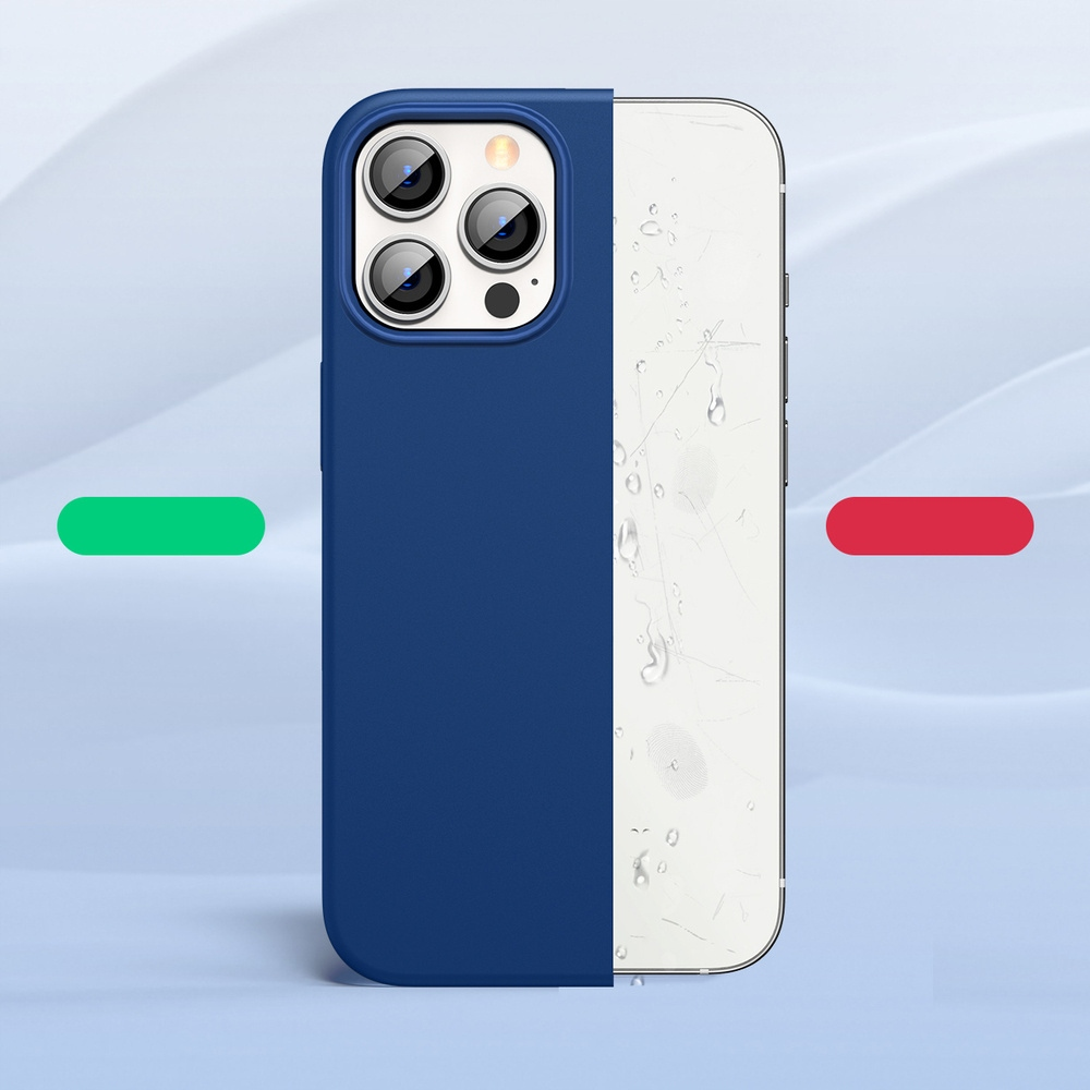 Un telefono con una custodia blu. Un lato è blu, l'altro lato è bianco. Vengono mostrate barre verdi e rosse sul lato.