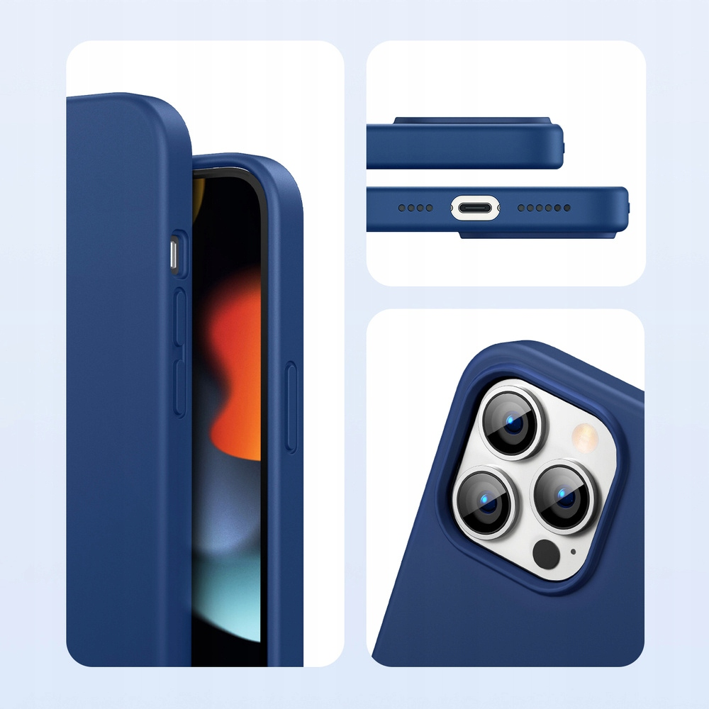 Primi piani di una custodia blu per telefono. I dettagli includono i pulsanti laterali, l'area della fotocamera e i bordi.
