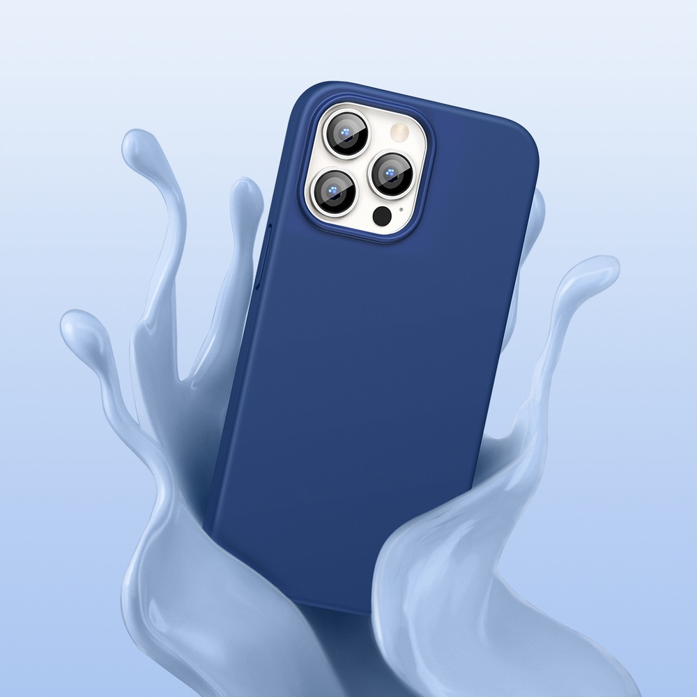 Telefono blu in uno schizzo blu. La custodia del telefono è blu scuro, lo schizzo è un azzurro più chiaro.