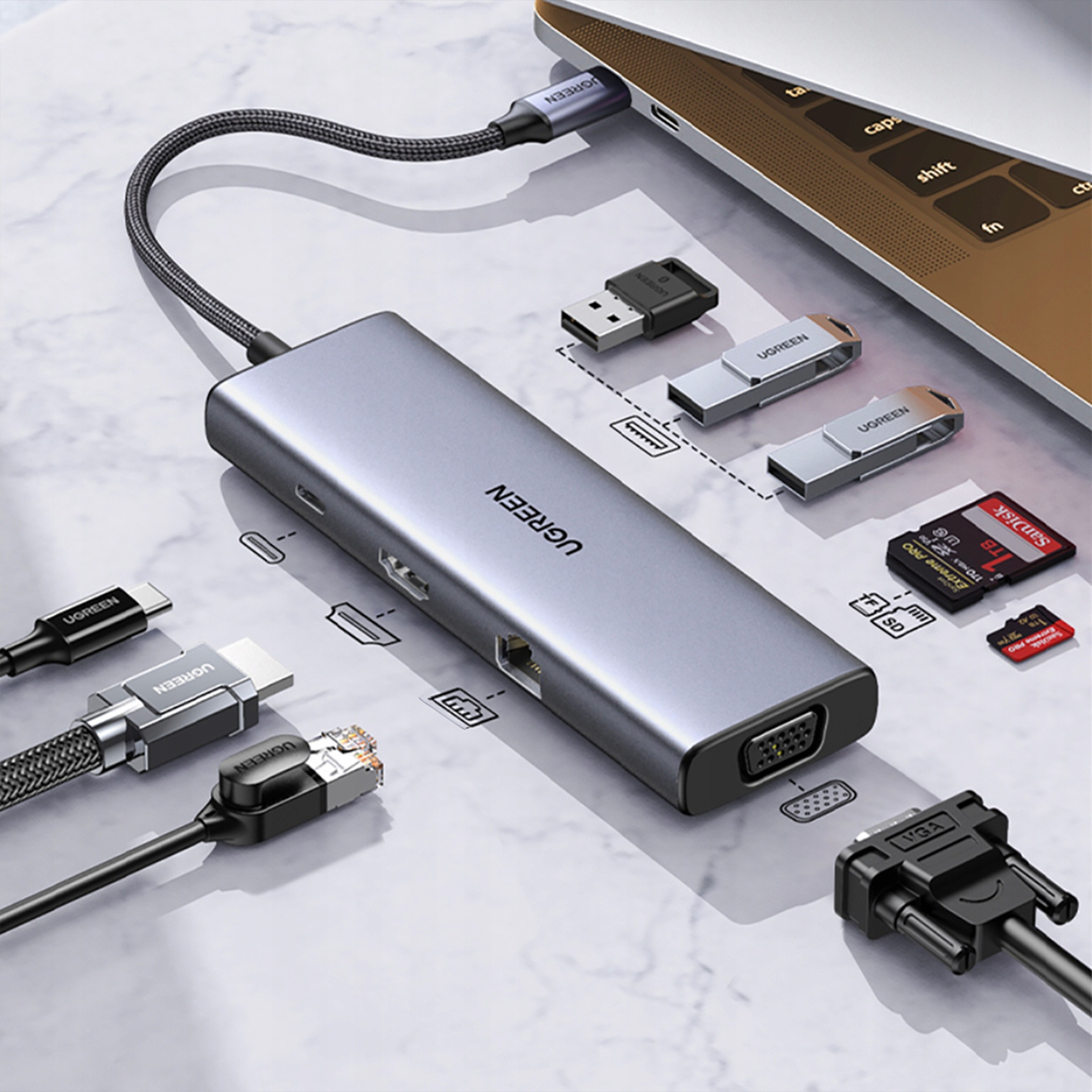 Srebrny hub UGREEN z różnymi portami, podłączony do kilku urządzeń. Widoczne różne wtyczki i karty.
