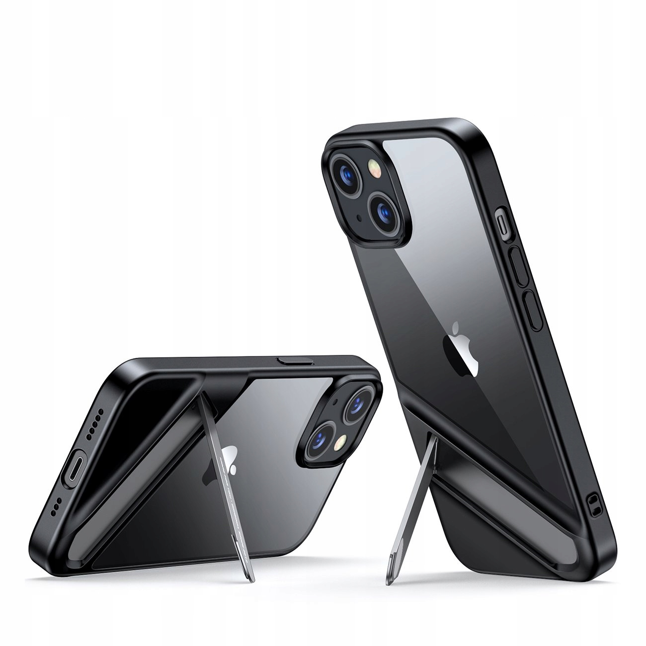 Due custodie nere per iPhone con retro trasparente. Una è in piedi con il cavalletto aperto. Una è sdraiata.