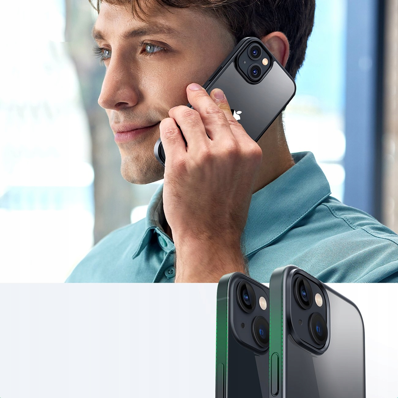 Un uomo che tiene un telefono all'orecchio. Sotto sono mostrati due telefoni, uno verde e uno trasparente.